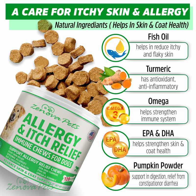 Dog Allergy Relief & Anti Itch Chews - Soothes Itchy Skin, Paws, Ears & Allergies - 120 Chews